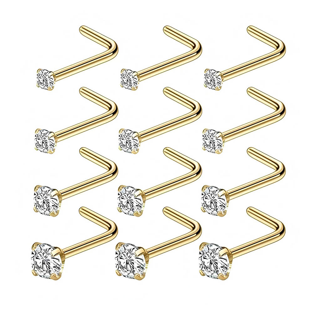Diamond Stud Earrings - 12피스 풀세트 316L 저자극성 L자형 코걸이
