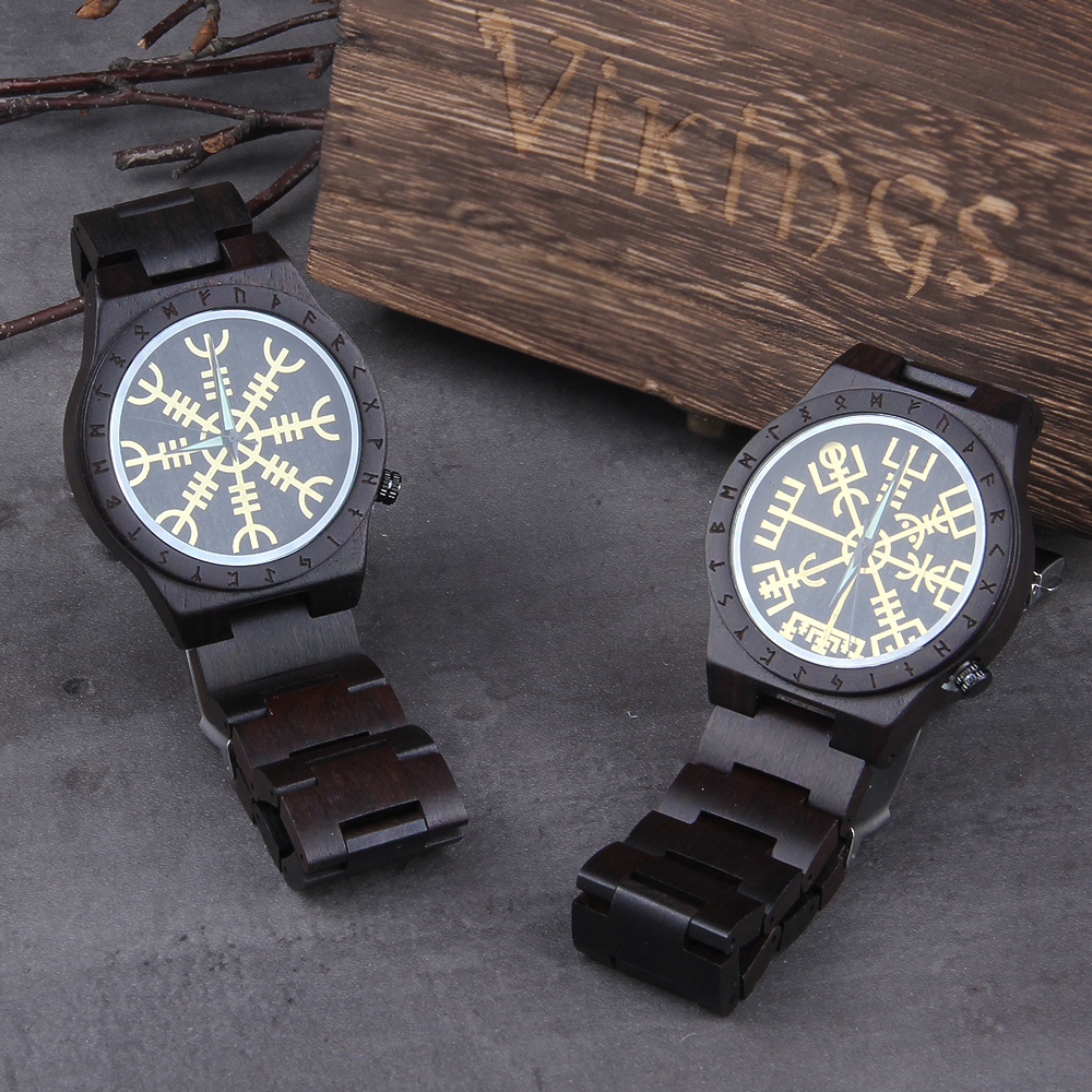 수제 나무 시계 남자 여자 룬 원형 시계 경외심의 황금 - Jewelry Watches Men 리뷰 및 가격