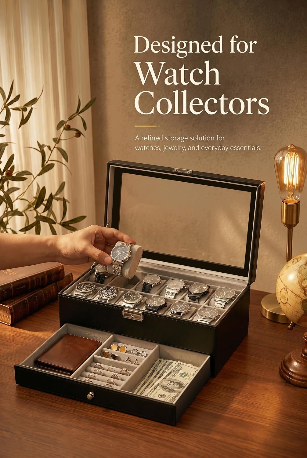 남성용 시계 보관함, 12칸 유리 뚜껑 시계 케이스,  - Jewelry Watches Men 리뷰 및 가격