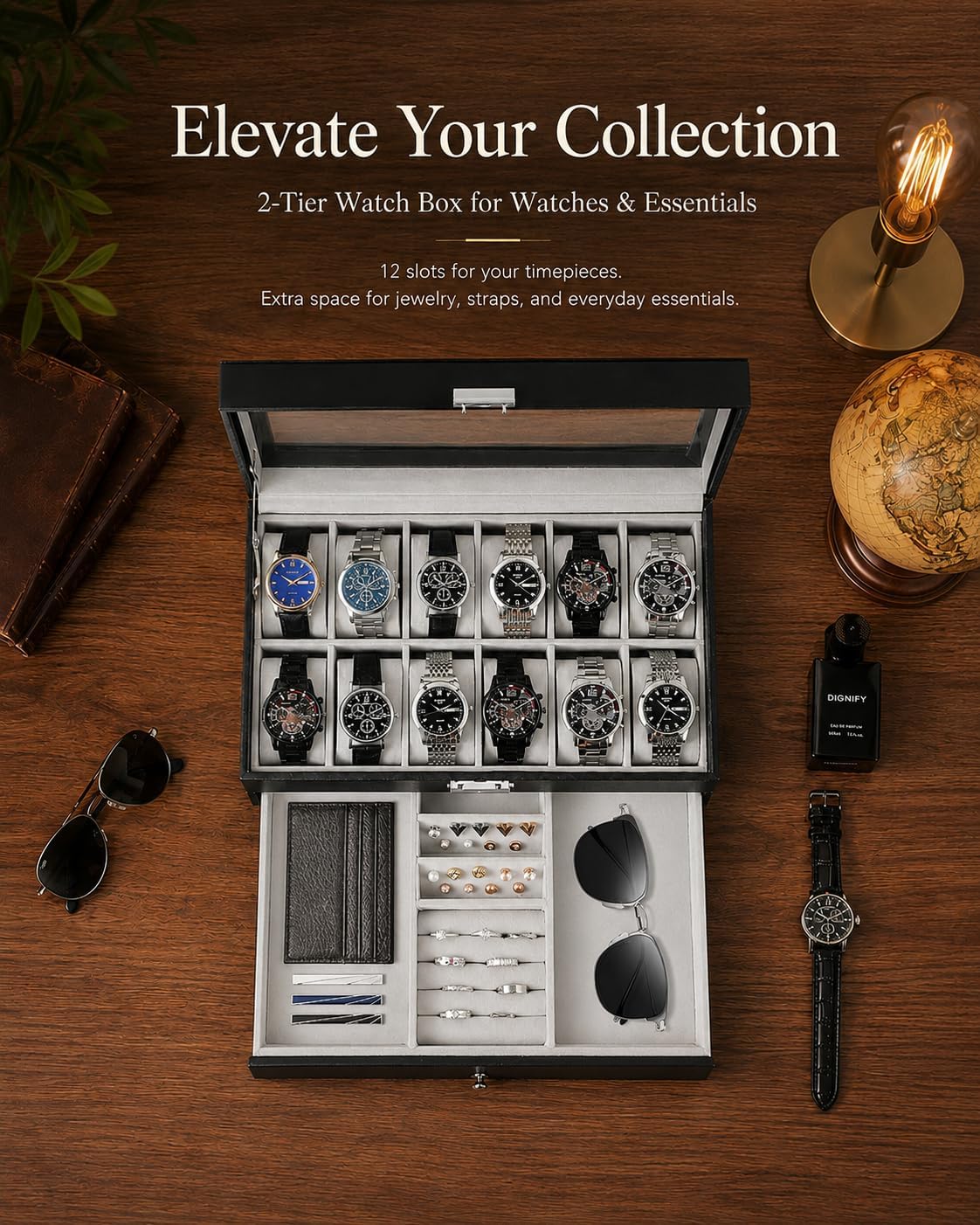 남성용 시계 보관함, 12칸 유리 뚜껑 시계 케이스,  - Jewelry Watches Men 리뷰 및 가격